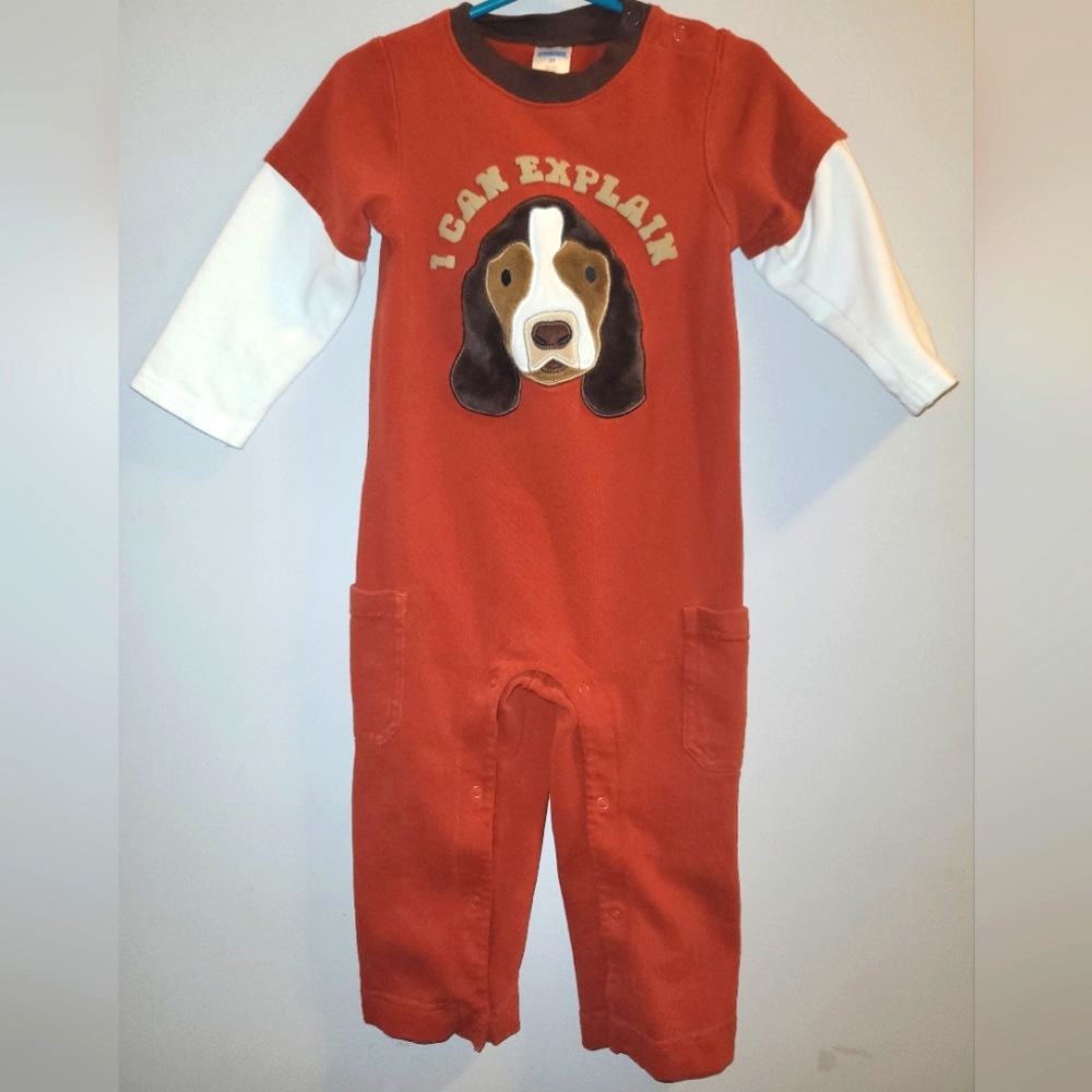 🐶 Vintage Gymboree "Fall Fishin'" Rust Longall Romper W/ Velour Appliqueed Dog